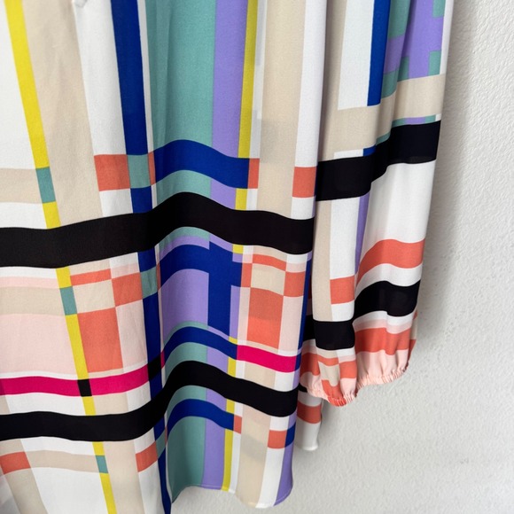 New York & Company 7th Avenue Geometric Plaid Smocked Mock Neck Blouse XL - Picture 3 of 4